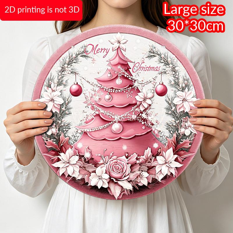 2D Flat, 1pc Merry Christmas Pink Tree Aluminum Sign - Soft Pink Christmas Tree with Golden Accents, Merry Christmas Farmhouse Front Door Wreath