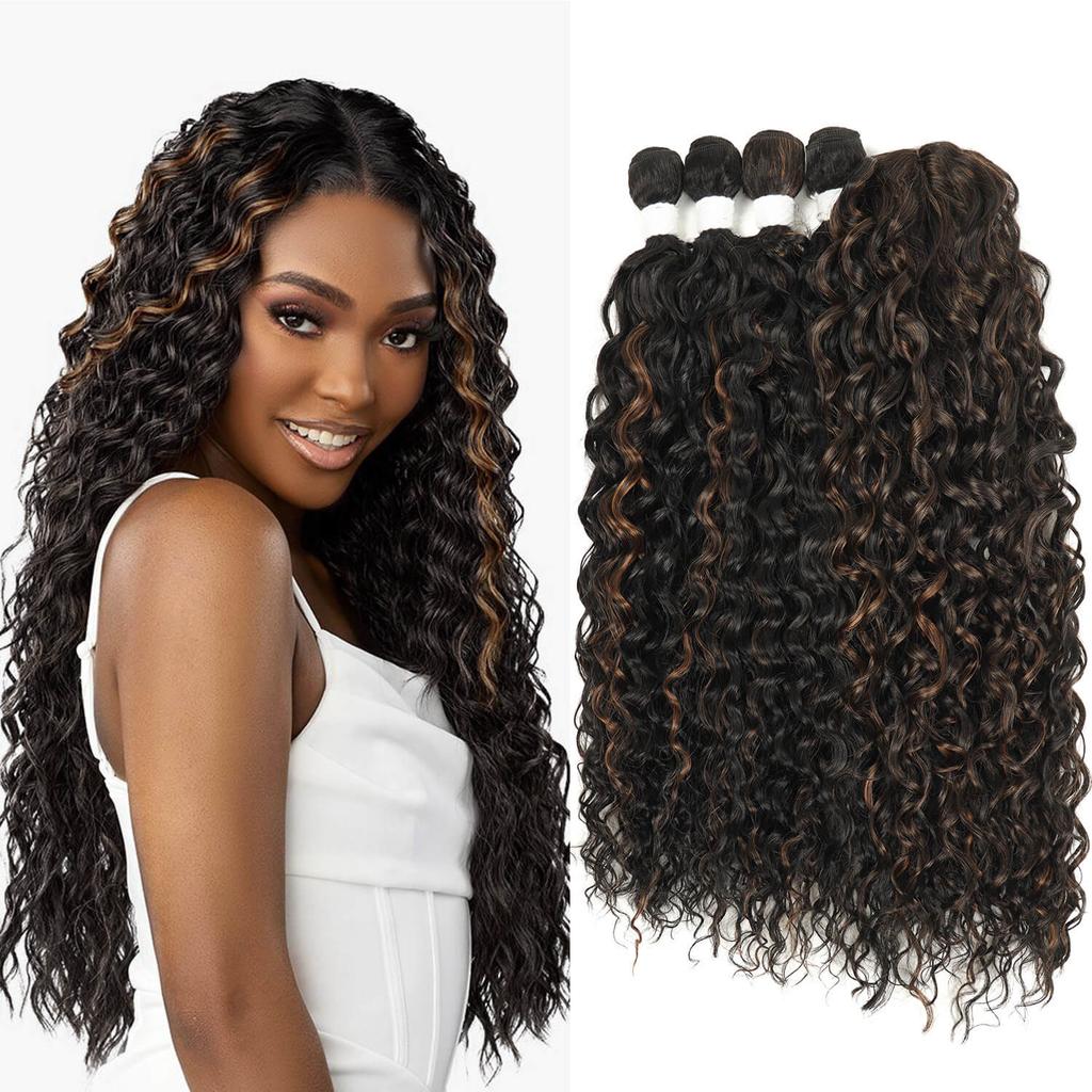 Synthetic Kinky Curly Deep Wave Hair Bundles 4PCS With Lace Closure 22-24 Inch 260g High Temperature Fiber Hair Extensions Weave
