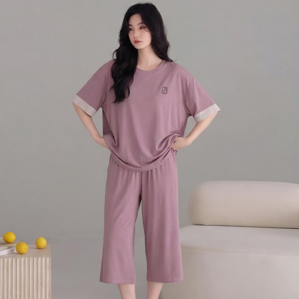 Modal cotton pajamas with chest pads women's summer 1011 simple cool ice silk short-sleeved pants outer wear loungewear set
