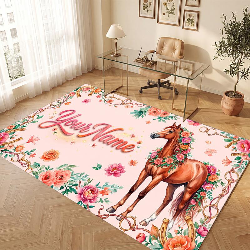 Horse Theme Soft Crystal Velvet Rug Custom Name & Text Print Non Slip Floor Rug for Bedroom Living Room
