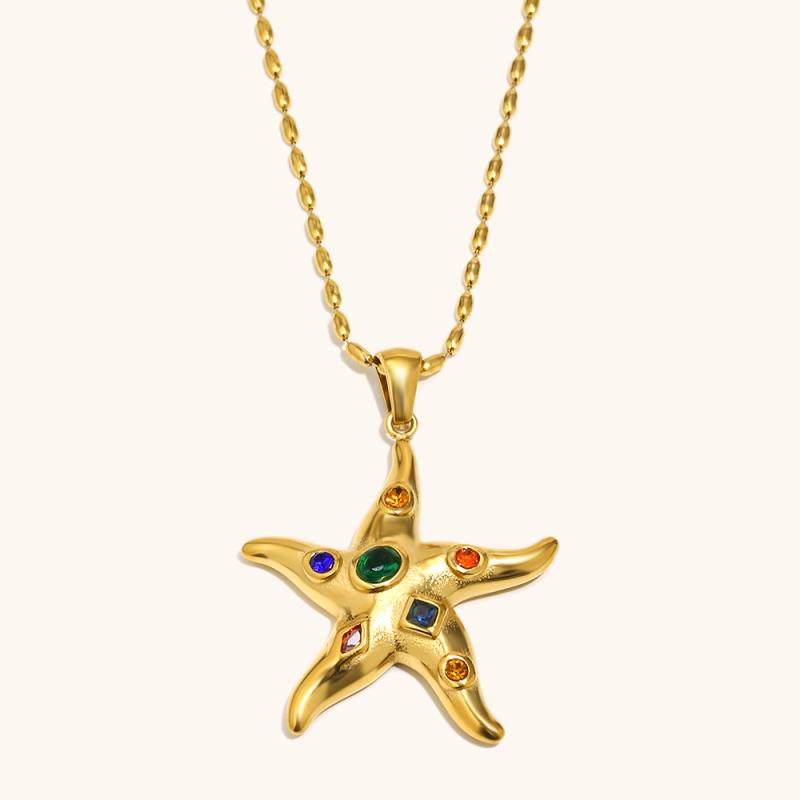 Dingran Custom Fashionable Stainless Steel Gold Plated Geometric Zirconia Starfish Pendant Necklace