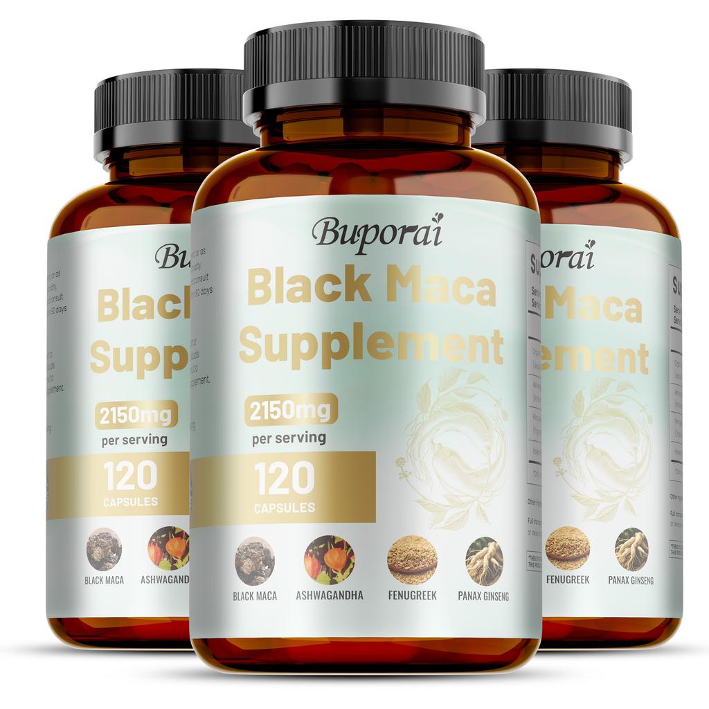 Buporai - Black Maca Dietary Supplement Capsules - With Ashwagandha, Fenugreek, and Ginseng - Energy