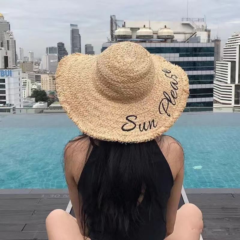 

Шляпа из рафии ручной работы, повседневная, для путешествий, отпуска, побережья, пляжа, солнцезащитная, с вышитой надписью, солнцезащитная шляпа