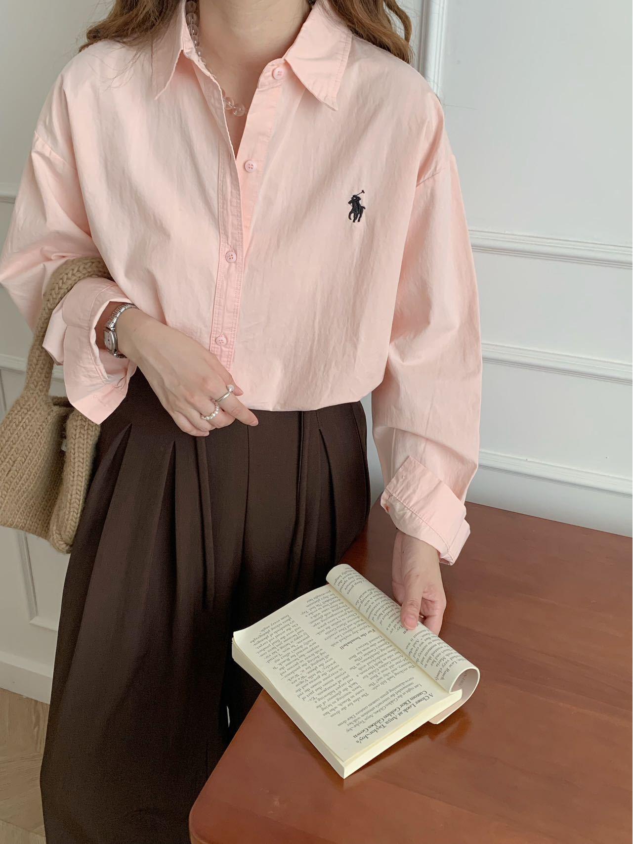 

Женская рубашка свободного кроя синего цвета с вышивкой французской пони, в корейском стиле, с длинными рукавами Large розовый