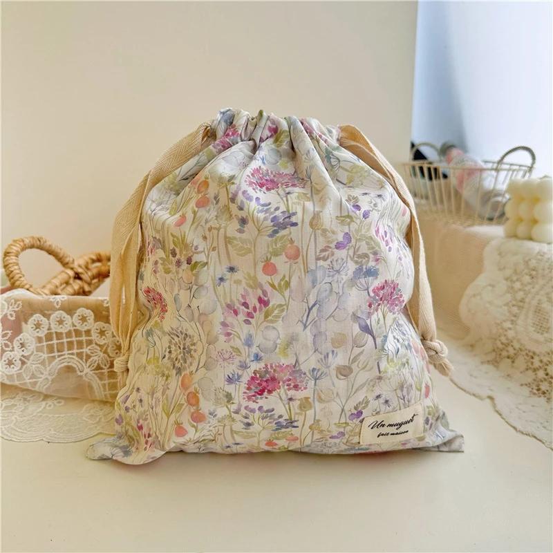 1pcs Forest Style Handmade Floral Cotton Drawstring Bag Vintage Storage Pouch for Underwear Travel Organizer Pouch