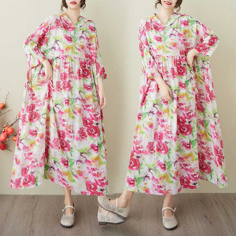 Ladies' Retro Gentle Wind and Cloud Brocade Cotton and Hemp Hooded Dress