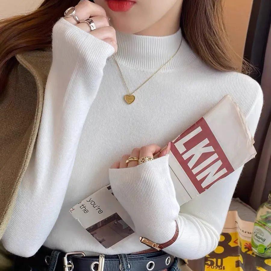 Women's Slim-Fit Solid Color Long-Sleeve Half-High Neck Sweater