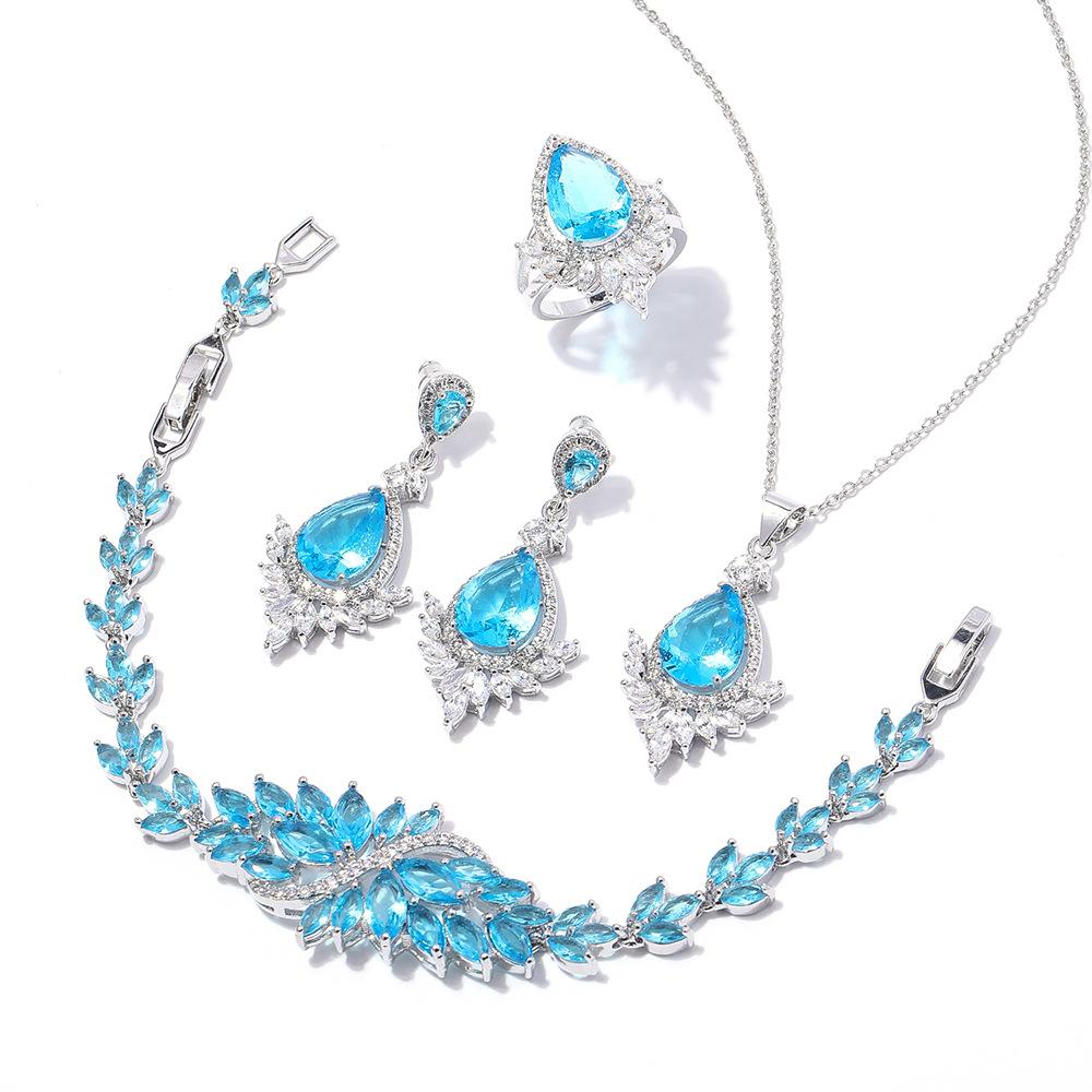 European and American Style Zircon Necklace Earrings Ring Three-piece Set, Water Drop-shaped Emerald High-end Bridal Dinner Jewelry 2026