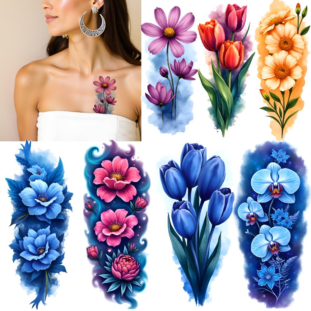 3pcs Temporary Tattoo Flower Tattoos Colorful Realism Floral Designs Realistic Temporary Tattoos For Shoulders Male Arms