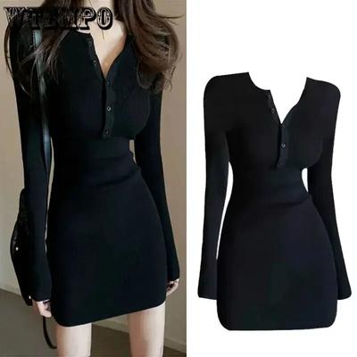 Black Long Sleeve Knitted Dress Women Pullover Slim Tight Sexy Hip Skirt Solid Color Simple Casual New Fashion Hotsweet Gothic