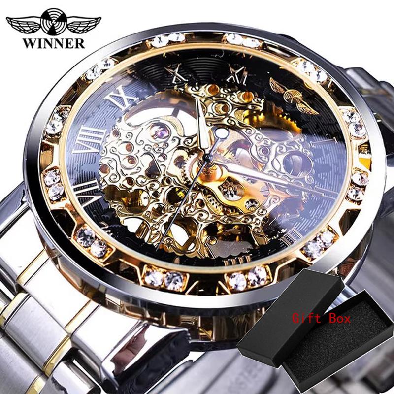 Fashion Winner Top Brand Luxury Men Transparent Diamond Luminou Smovement Male Mechanical Skeleton Royal Design Wrist Watch