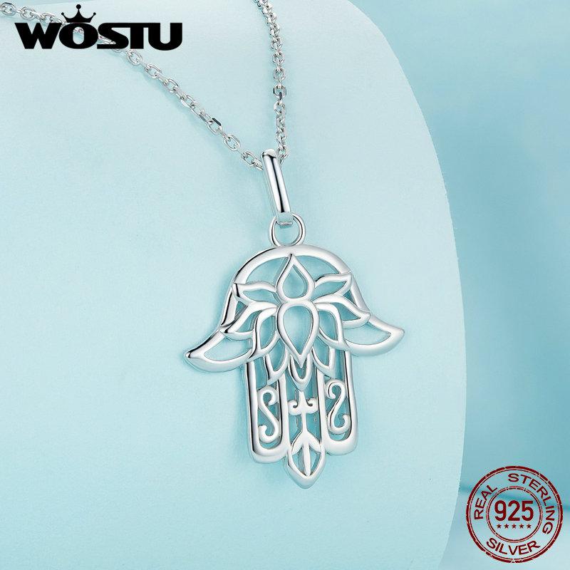 WOSTU 925 Sterling Silver Turkish Hamsa Hand Fatima Charm Necklace For Women Hollow Flower Pendant Chain Neck Lucky Jewelry Gift
