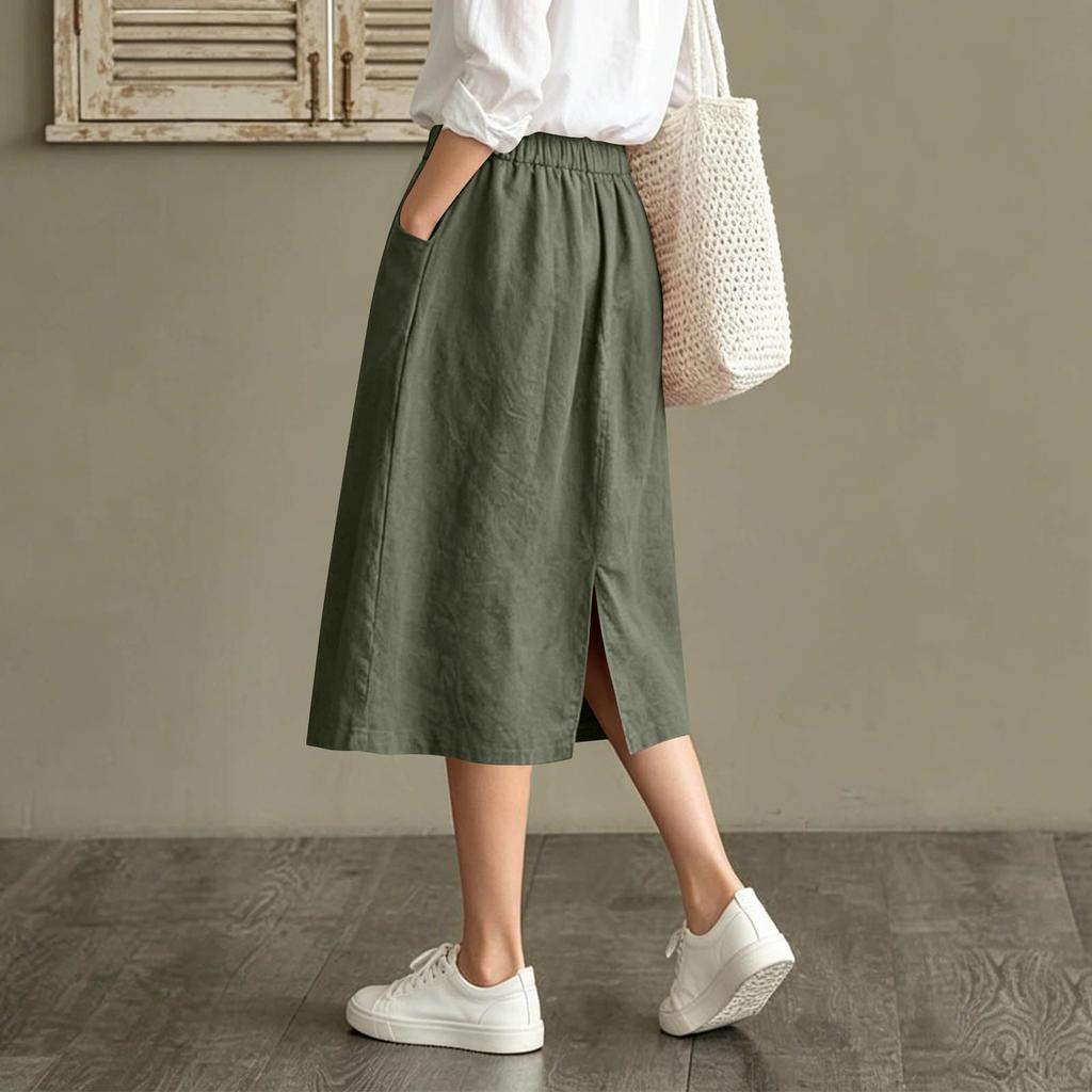 Women's Casual Vintage Loose Fit Midi Skirt with Pockets Elastic Waistband Button Front Design Comfortable Everyday Wear