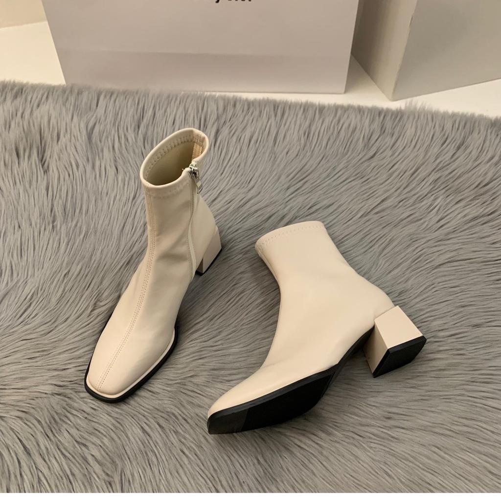 White High Heel Square Head Skinny French Small Leather Boots Women's Shoes 2024 New Spring and Autumn Single Boots Brown Martin Boots