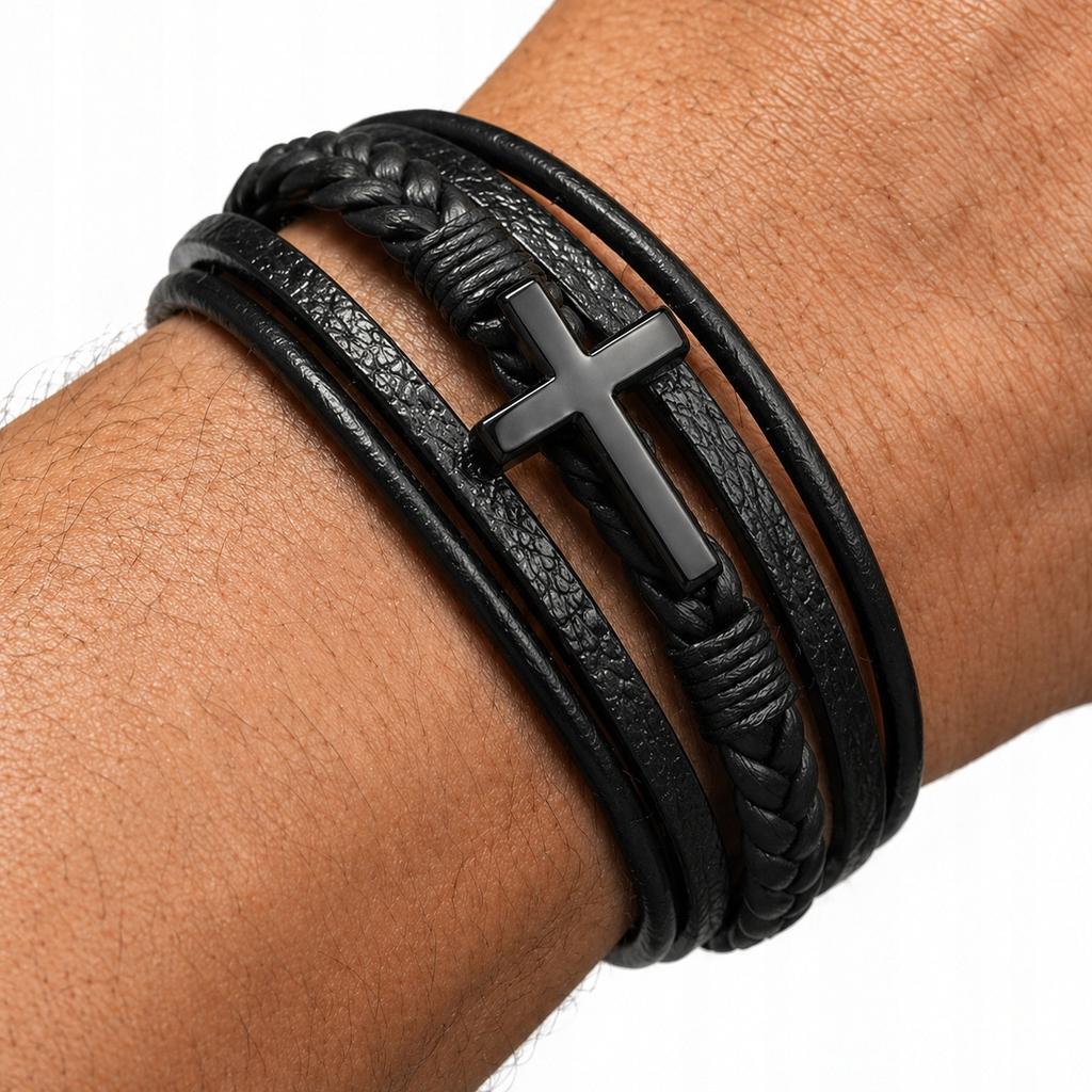 Men' Black Braided Leather Bracelet with Diamond Cross