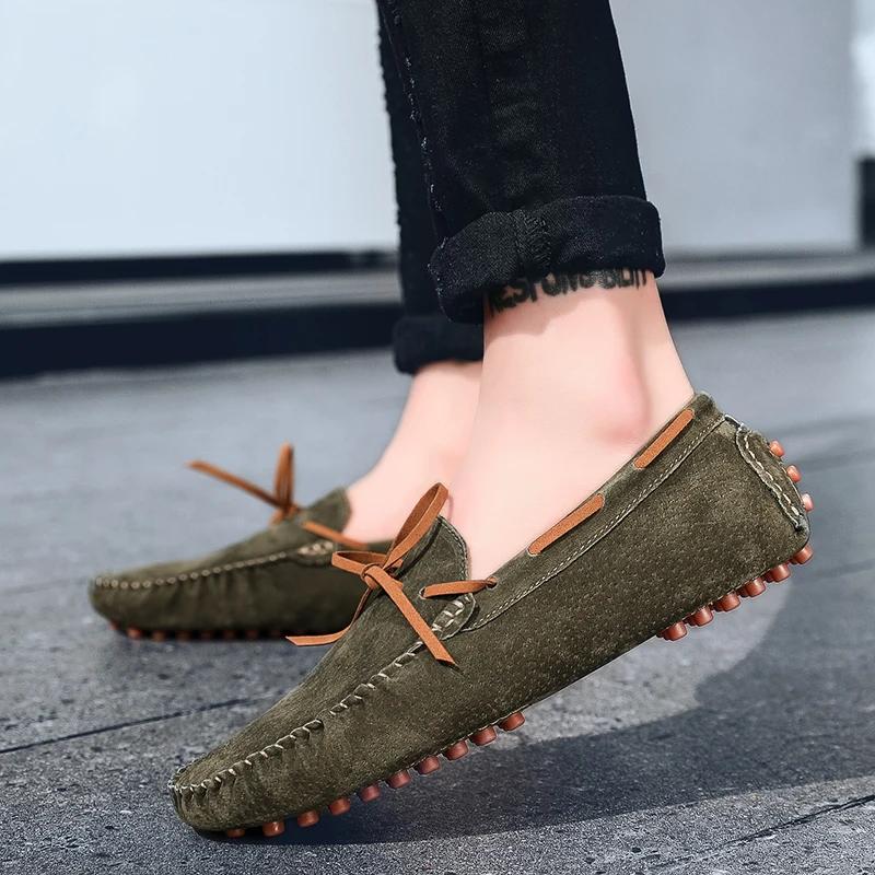 British Style Genuine Leather Loafers Men Big Size 47 Soft Bottom Driving Lazy Shoes New Moccasins Outdoor Slip-on Suede Loafers