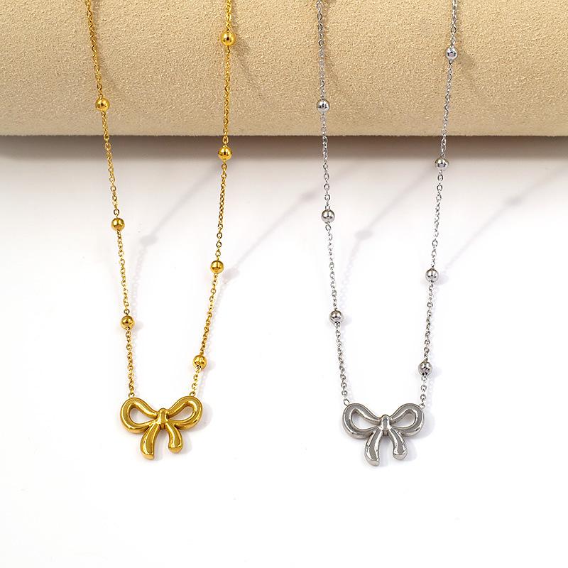 Elegant Gold Plated Double Layer Bow Pendant Necklace for Women - Titanium Steel Clavicle Chain, European American Style