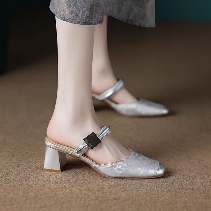 Fashion Fashion Womens High Heels French Toe High-Heeled Sandals Summer New Versatile Women's Half Slippers Tacones Altos Para Mujeres