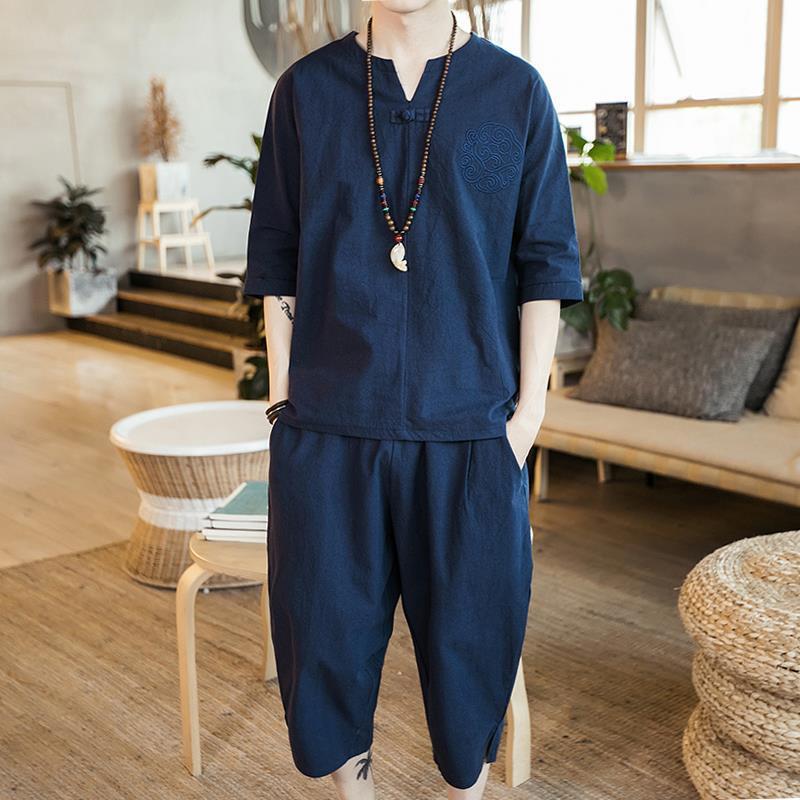 Men's Chinese Linen Pajama Set: Short Sleeve Hanfu Top with Frog Buttons and Cotton Linen Capri Pants In Trendy Loose Fit