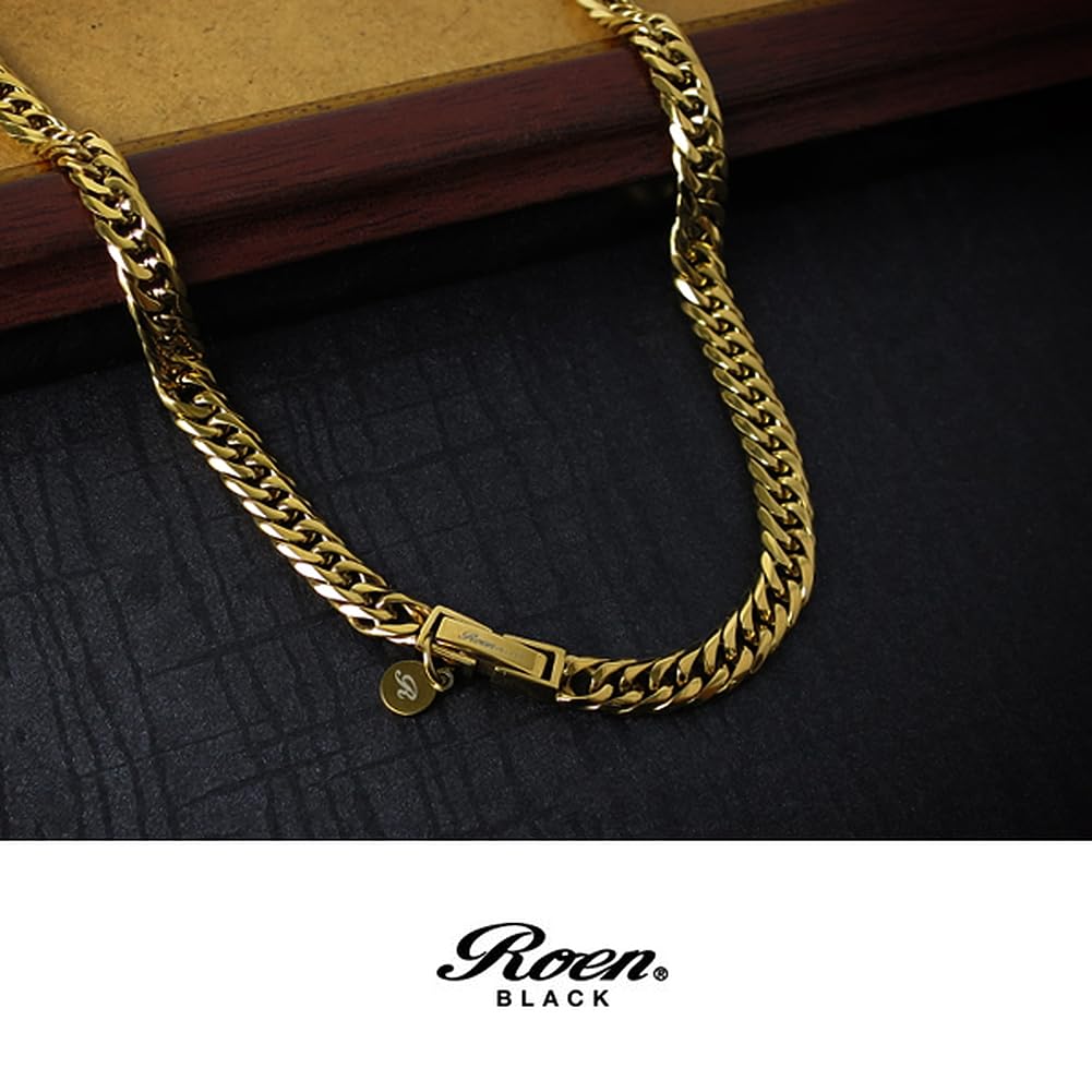 ROEN BLACK 6-Sided Double Curb Chain (Gold) Stainless Steel Necklace, 5.5mm Wide, 50cm, Men's, Suitable for Men with Metal Allergies