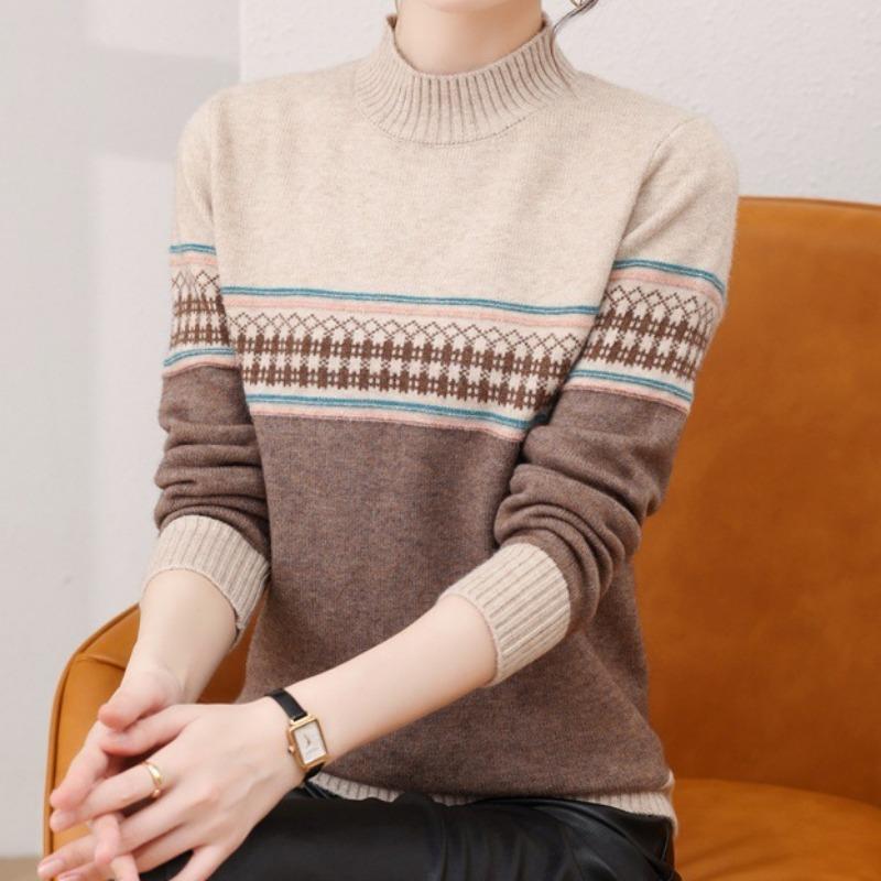 Design Sense Color Matching Autumn and Winter Loose Long-sleeved Inner Top Semi-turtleneck Sweater Temperament Base Knitted Sweater Women