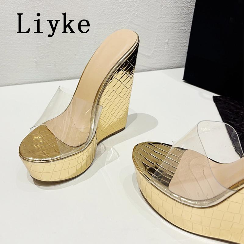 Fashion Liyke Women Sexy Super High Wedges Slippers Platform Sandals Fashion Open Toe Gold Heels PVC Transparent Shoes Zapatos Mujer