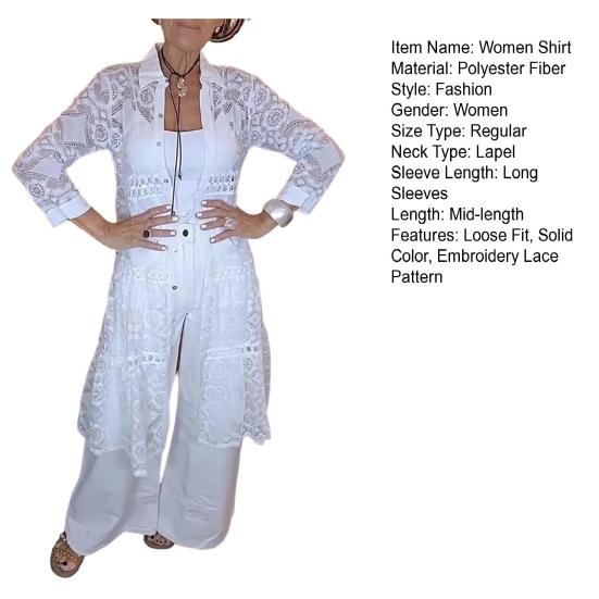 Women Shirt Lapel Solid Color Long Sleeve Button Down Blouse Mid-length Embroidery Lace Flower Pattern Shirt Tops