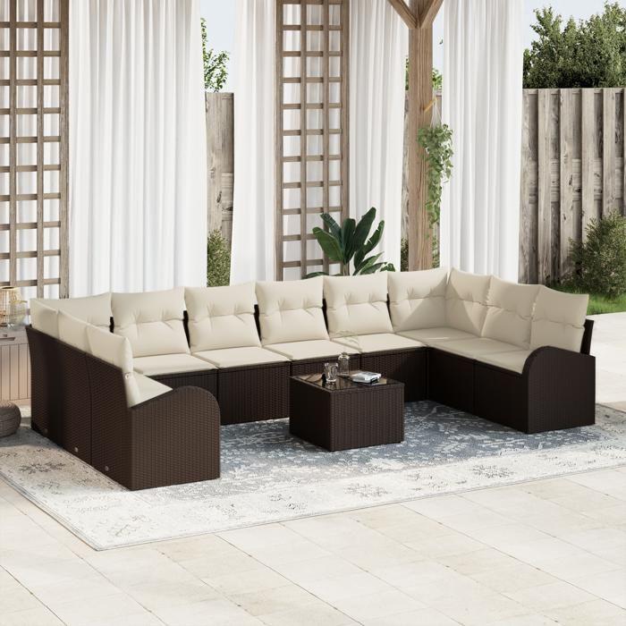 VidaXL Ensemble de Canapés de Jardin 10 Pièces avec Coussins Crème Rattan Poly Gris 3346228