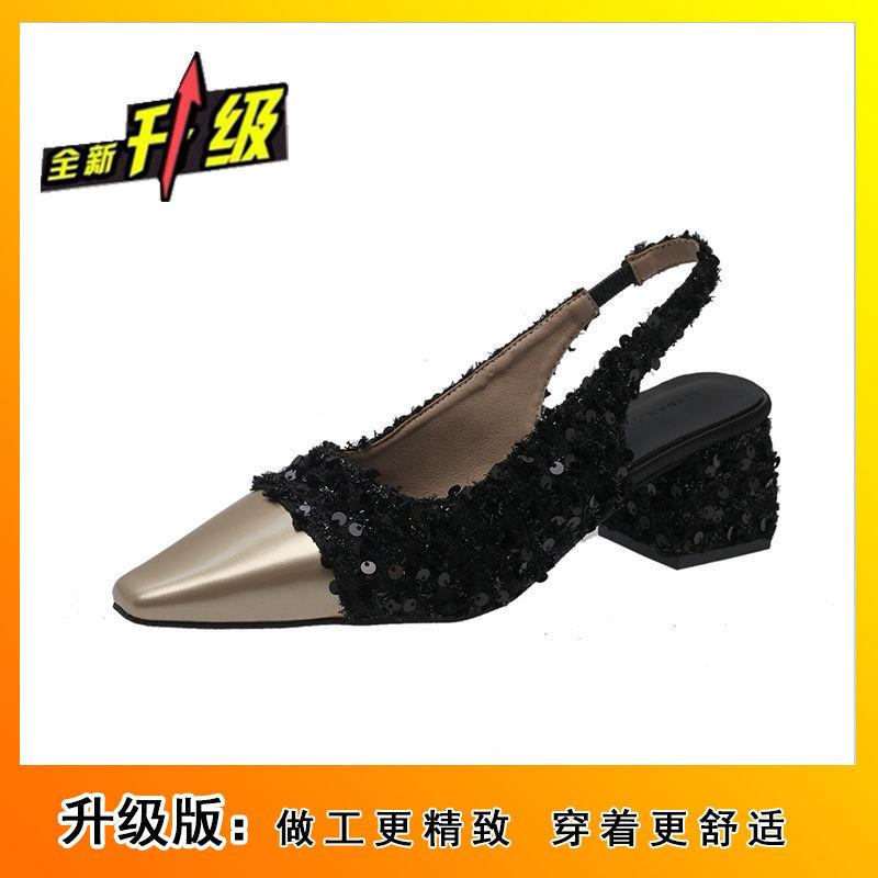 Fragrant Style Color Matching Square Head Thick Heel High Heel Single Shoes Women's 2025 New Elegant Temperament Light Mouth Empty Bag Head Sandals