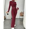 Women's Autumn and Winter Solid Color Knit Set, Long-sleeved High-neck Shirt + Wide-leg High-waisted Pants, Two-piece Set