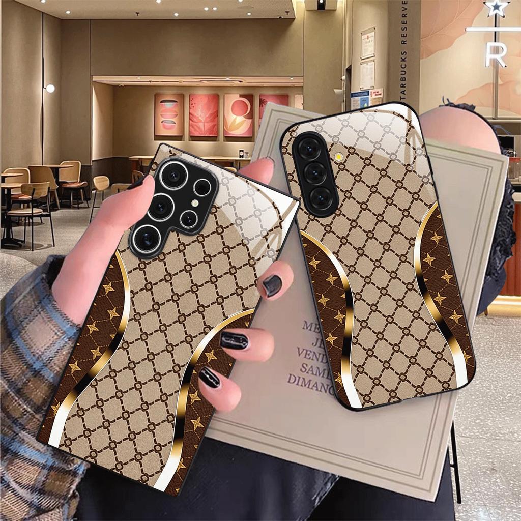 Brown Lattice Star Print Glass phone case mobile phones fashion phone cases for Samsung Galaxy S26 S25 S24 S23 S22 FE Ultra Plus