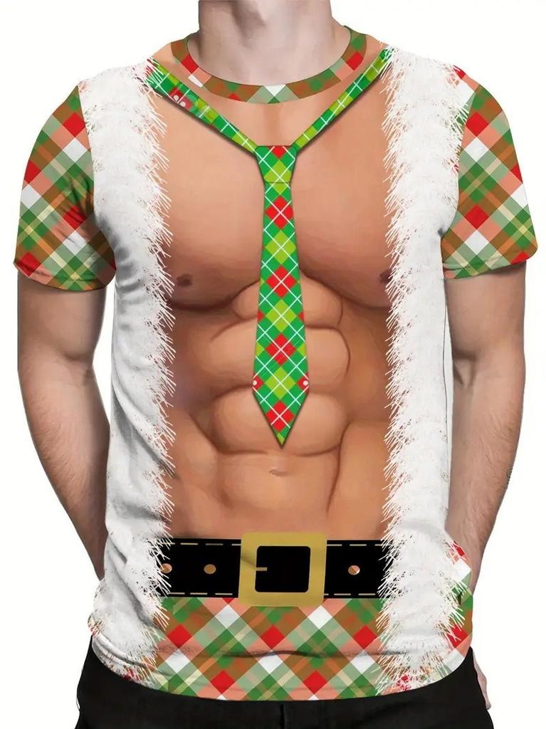 Summer Fashionable Casual Large Loose Creative Fun Muscle Christmas 3D Printed Men's T-shirt Comfortable Breathable Short Sleeved Round Neck T-shirt