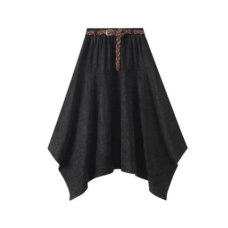 Faux Suede Asymmetrical Skirt for Women Spring Fall Casual Elastic High Waisted Flowy Skirts Women's Comfortable Vintage Boho Ruffle A Line Skirt