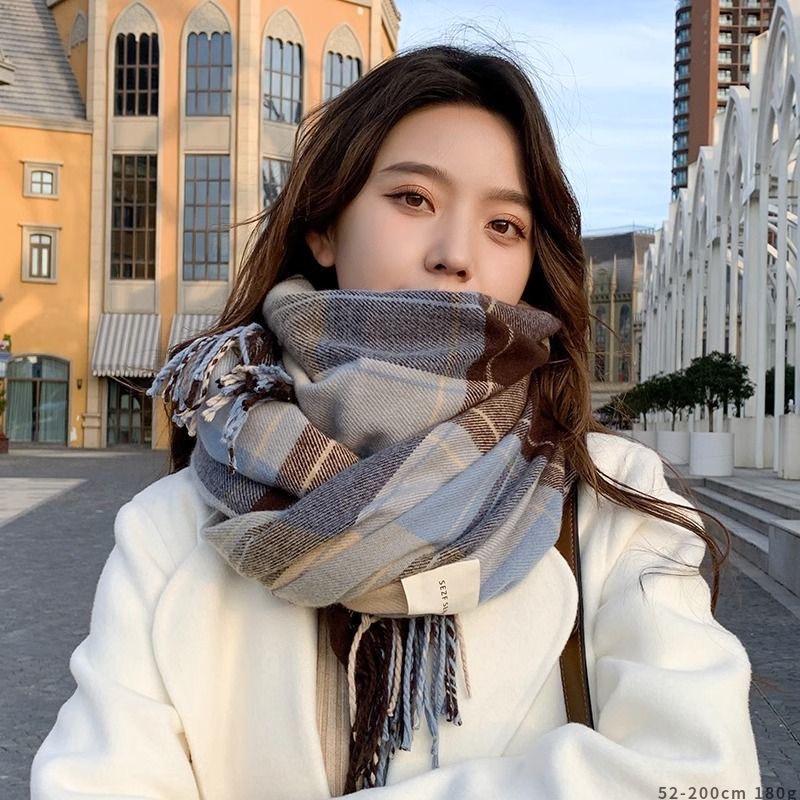 Korean Style Plaid Mohair Scarf - Women's Winter Imitation Cashmere Shawl