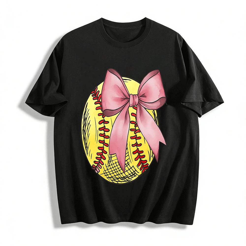 

Cute Bow Softball Print Casual Sports Loose Fit Women s T-Shirt Pure cotton T-shirt XXS