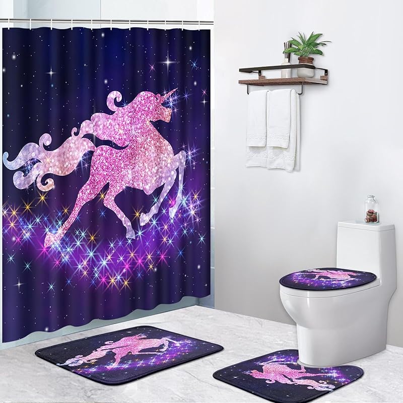 4 Pcs Shower Curtain Sets, Cute Unicorn Mermaid Cub Kids Rainbow Waterproof Bathroom Sets with Non-Slip Rugs, Toilet Lid Cover and Bath Mat,