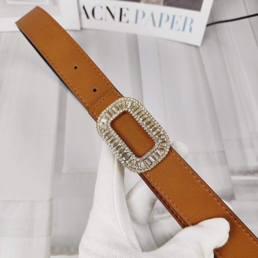 Colored Lychee Pattern Cowhide Belt Women'S Square Rhinestone Smooth Buckle Simple Dress Belt