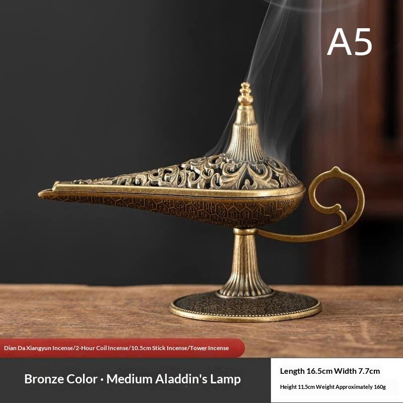 Alas Divine Lamp Golden Iron Incense Burner 1Pcs Handcrafted Incense Stand for Teahouse Office Meditation Room Decor