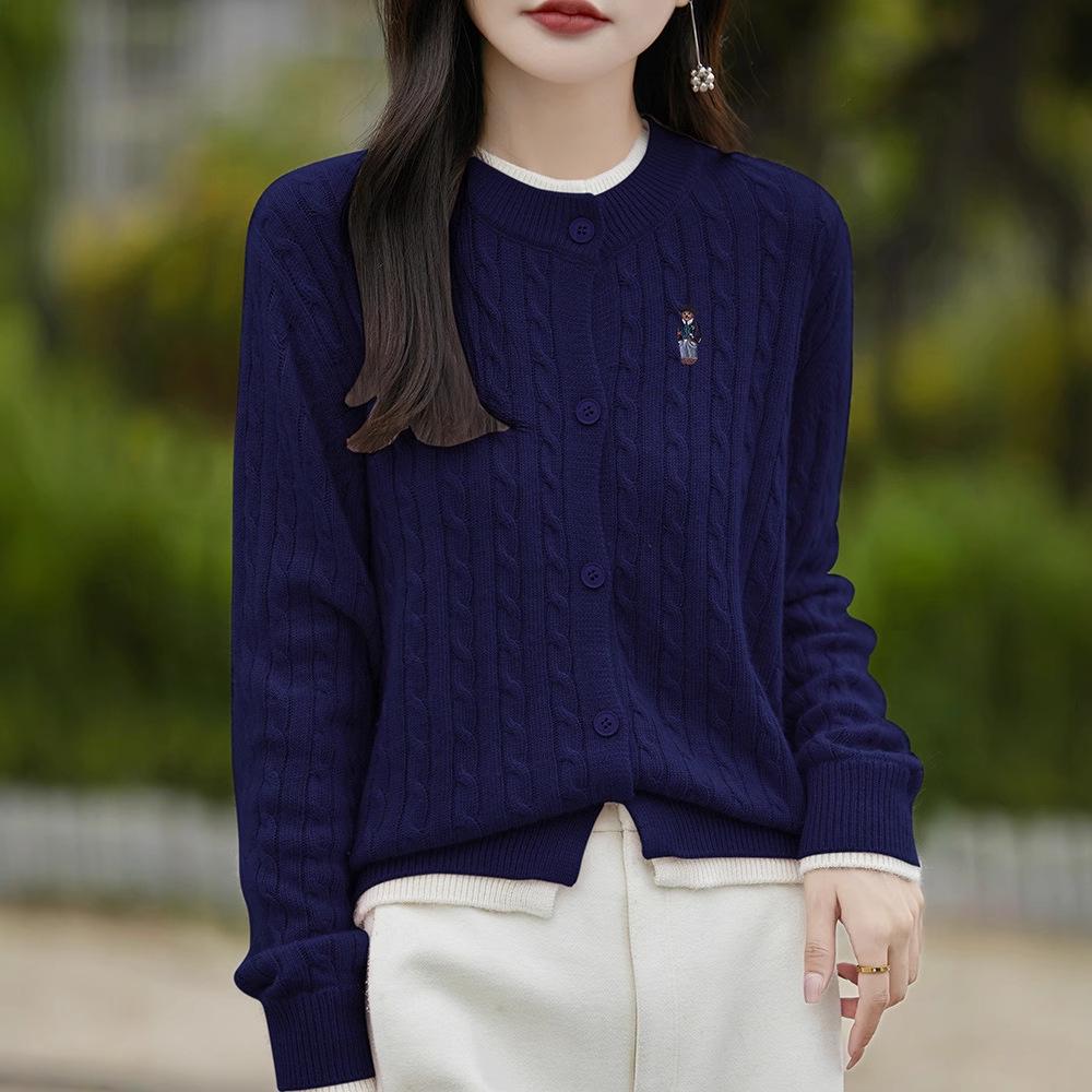 2025 Women's Fashion Color Block Knitted Cardigan: Round Neck, Fake Two-Piece, Embroidered Cable Knit Sweater