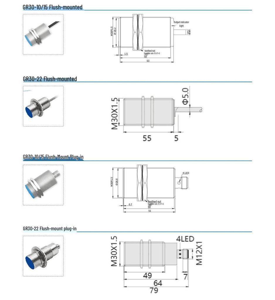 Adjustable M30 Metal Sensing Inductive Proximity Switch, 10-30V, Three-Wire, NPN/PNP, NO/NC.