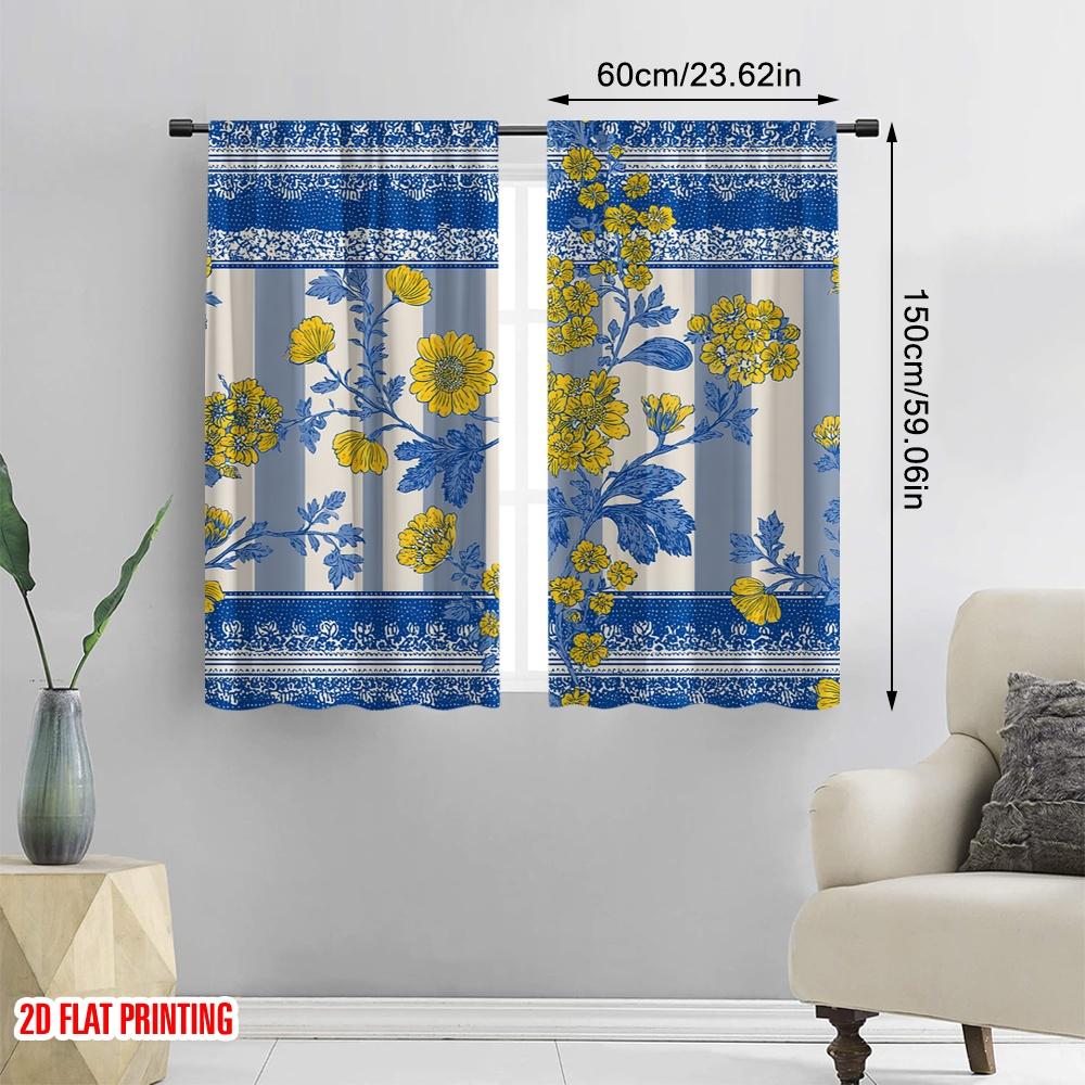 2pcs,2D Plane Printing Curtains Roller Blinds Blue Yellow Floral Stripes Polyester Easy Install (without Rod) Home Decor for