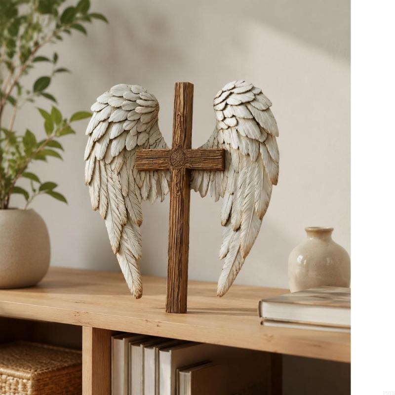 Angel Wing Wall Decoration, with Hanging Cord, Feathered and Crosses Design, 2D Flat Christian Hanging Plaque for Prayer