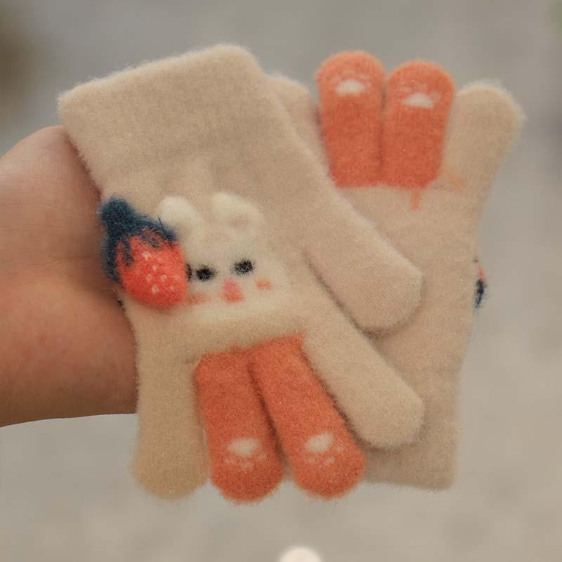 Children's Gloves Autumn and Winter Men's and Women's Plush Thickened Warm Finger Children's Color Cartoon Rabbit Outdoor Play