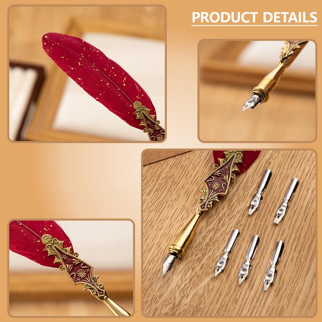 Antique Quill Pen with 5 Replaceable Nibs Calligraphy Dip Pen for Beginner Kid Adult Writing Drawing Art Illustraions