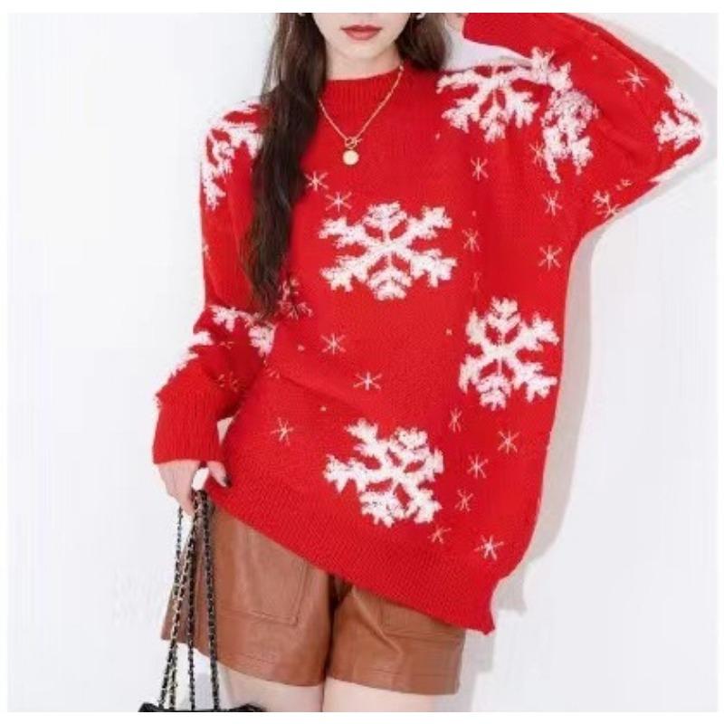 Red Autumn and Winter Knitted New Women's Clothing Deer Jacquard Knitted Sweater Crew Neck Pullover Color Matching Top