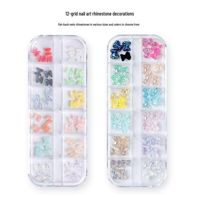 

12-Grid Multi-Color Cute Bear & Aurora Bowknot Nail Art Decorations Set