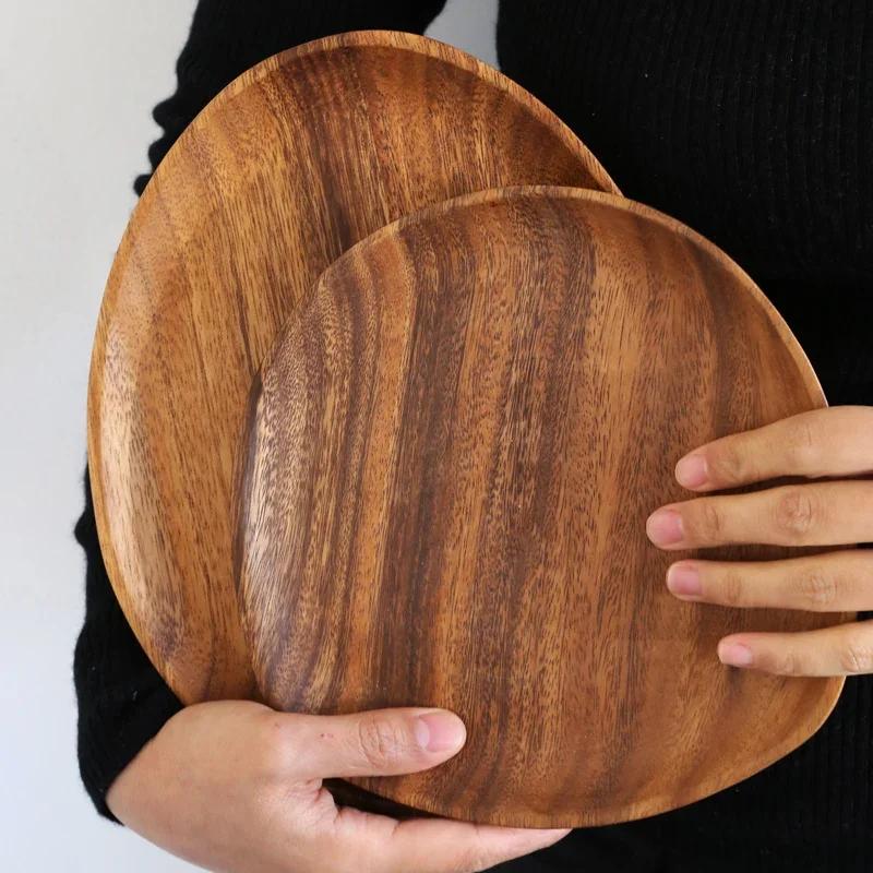 Wooden Plate Serving Tray Dishes Acacia Wood Dessert Snack Food Plate Appetizer Fruit Cake Plate Wooden Tray Kitchen Tableware