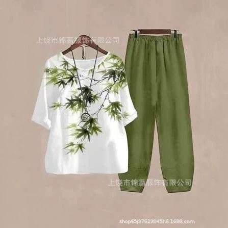 Spring and summer national style bamboo leaf plant printed women's clothing, breathable round neck medium sleeve top, elastic waist loose eight-point