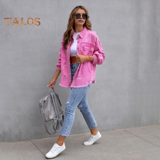 Women Denim Jacket Retro Single-breasted Ripped Hole Turn-down Collar Long Sleeves Solid Color Flap Pockets Lady Coat Commuting Shopping Coat