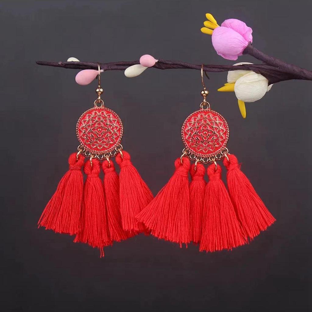 Bohemian Turquoise Owl Dream Catcher Tassel Earrings for Women